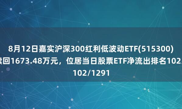 8月12日嘉实沪深300红利低波动ETF(515300)遭净赎回1673.48万元，位居当日股票ETF净流出排名102/1291