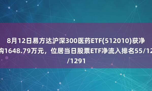8月12日易方达沪深300医药ETF(512010)获净申购1648.79万元，位居当日股票ETF净流入排名55/1291