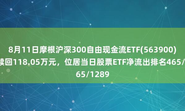 8月11日摩根沪深300自由现金流ETF(563900)遭净赎回118.05万元，位居当日股票ETF净流出排名465/1289