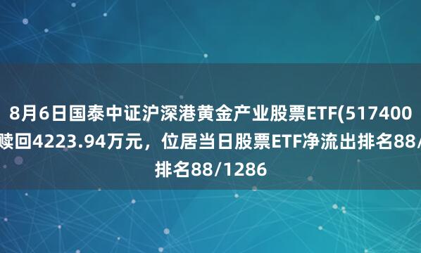 8月6日国泰中证沪深港黄金产业股票ETF(517400)遭净赎回4223.94万元，位居当日股票ETF净流出排名88/1286